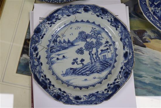 A Chinese blue and white bowl, five plates and two cups